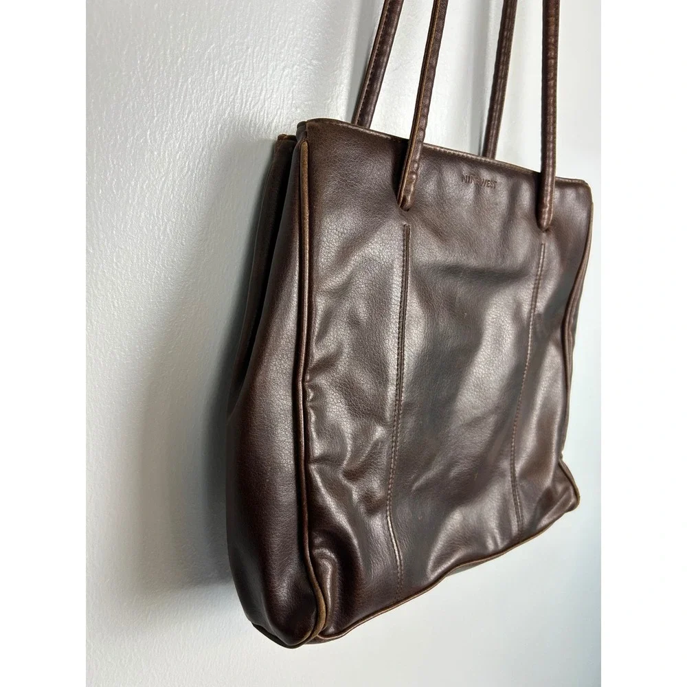 Nine West Brown Faux Leather Shoulder Bag Tote Purse 90s Y2K Neutral Fall Earthy
